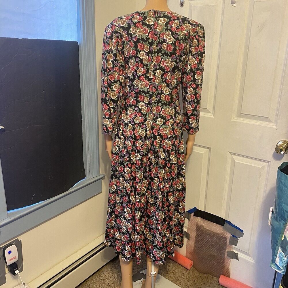 Vintage 80s Paquette Too! Red Black floral drop waist midi dress 14 Cottagecore - Picture 9 of 10